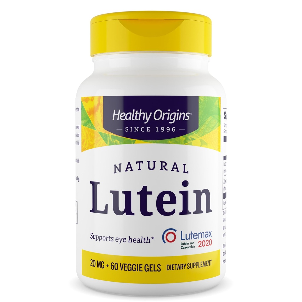 Origenes saludables Lutein 20 mg (Lutemax 2020 con Zeaxanthin, No GMO, Vegan, Eye Support), 60 Gels vegetarianos