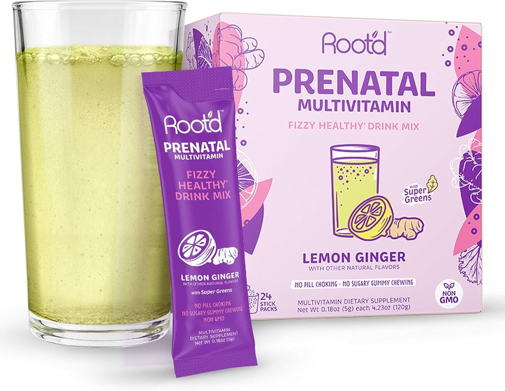 Rootd - Powder Prenatal Vitamina - Embarazo Multivitamínico con 25 Vitaminas & Minerales A, C, D, E, B12, B6, K, Hierro, Folato, Probióticos, Ecológicos Super Verdes  Lemon Ginger  24 Effervescent Stick Packs