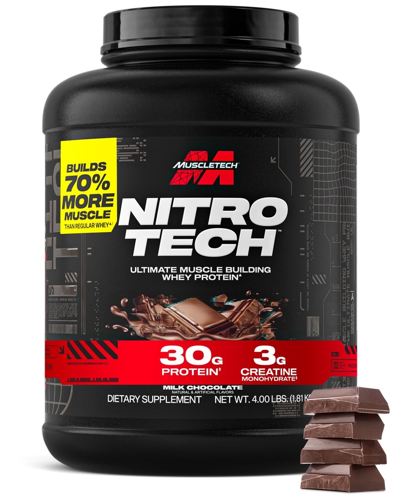 Muscletech Whey Protein Powder (Milk Chocolate, 4 libras) - Nitro-Tech Ultimate Muscle Building Formula with Whey Protein Isolate - 30g of Protein, 3g of Creatine &amp; 6.8g de BCAA - Packaging May Vary