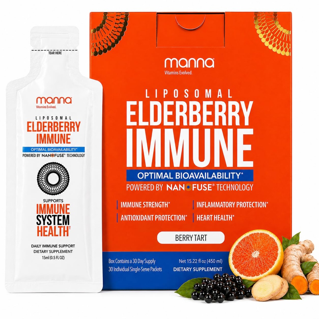 Manna Vitaminas Evolved Liposomal Elderberry Immune Packets, Vitaminas C, D etc. - Soporte diario para adultos, niños - Azúcar gratis, Extracto Real de Elderberry, Syrup, Viajes bienvenidos, 15 Pack