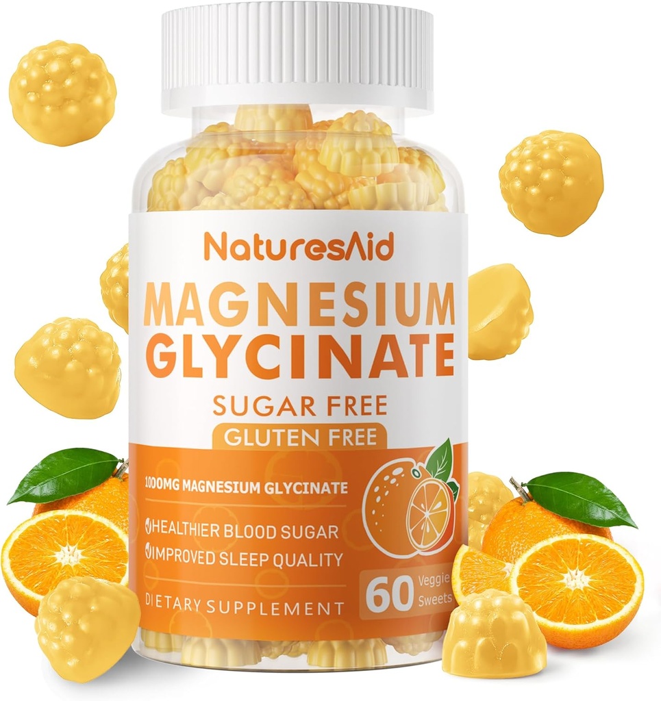 Magnesium Glycinate Gummies 1000mg - Suplemento de Potasio de Magnesio Libre de Azúcar con Vitamina D, B6, CoQ10 para calma Mood &amp; Sleep Support - 60 Orange Gummies -1 Pack