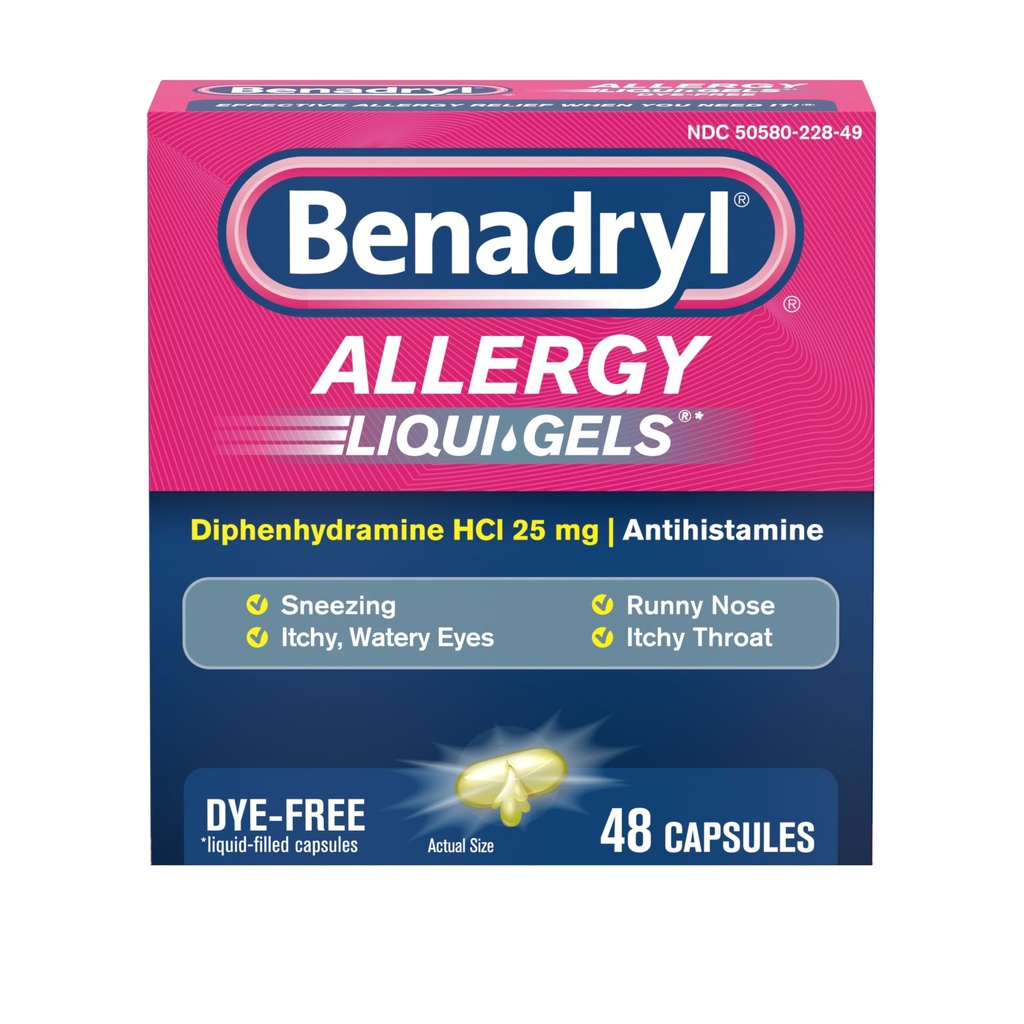 Benadryl Liqui-Gels Antihistamine Allergy Medicine " Cold Symptom Relief, Dye-Free Llantas con 25 mg de Diphenhydramine HCl para síntomas como, Runny Nose, Sneezing " Más, 48 ct