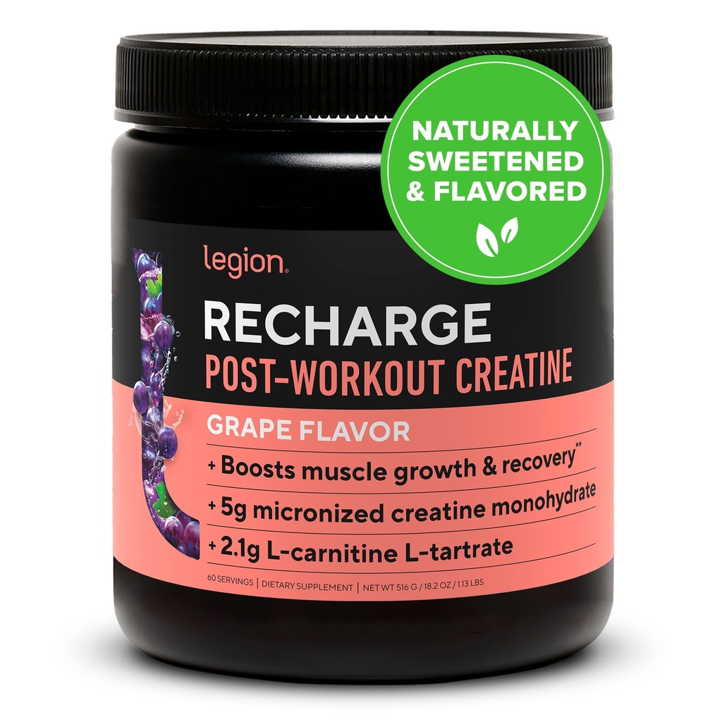 LEGION Recharge Post Workout Suplemento - All Natural Muscle Builder " Recovery Drink with Micronized Creatine Monohydrate. Naturalmente endulzada, segura y saludable. (Grapa, 60 sirviendo)