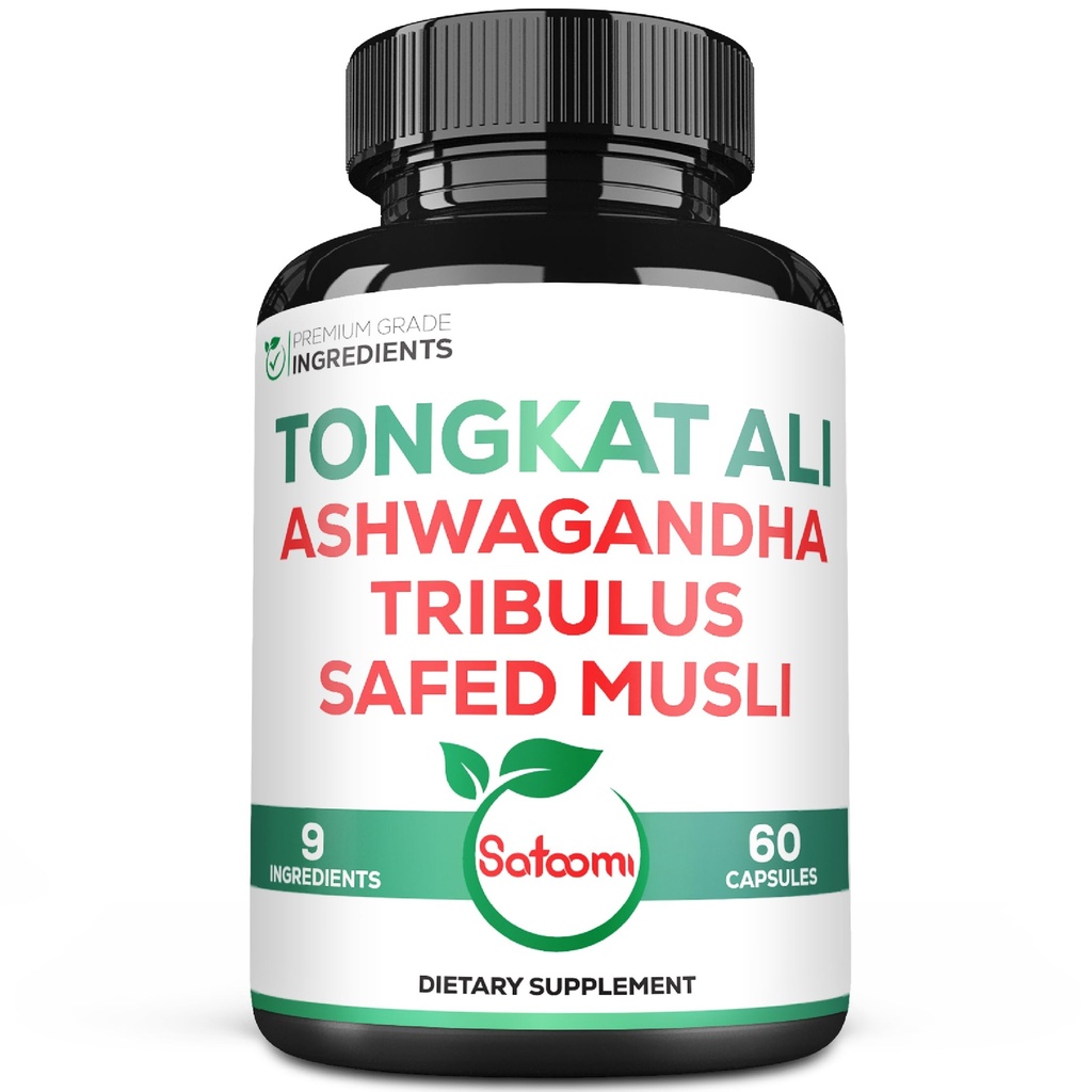 Satoomi Tongkat Ali Root Extract 200:1-9 Herbs esenciales con Ashwagandha, Tribulus Terrestris &amp; More - Apoyo Strength, Energía e Inmune saludable - 60 caps Vegan 2 Month Supply