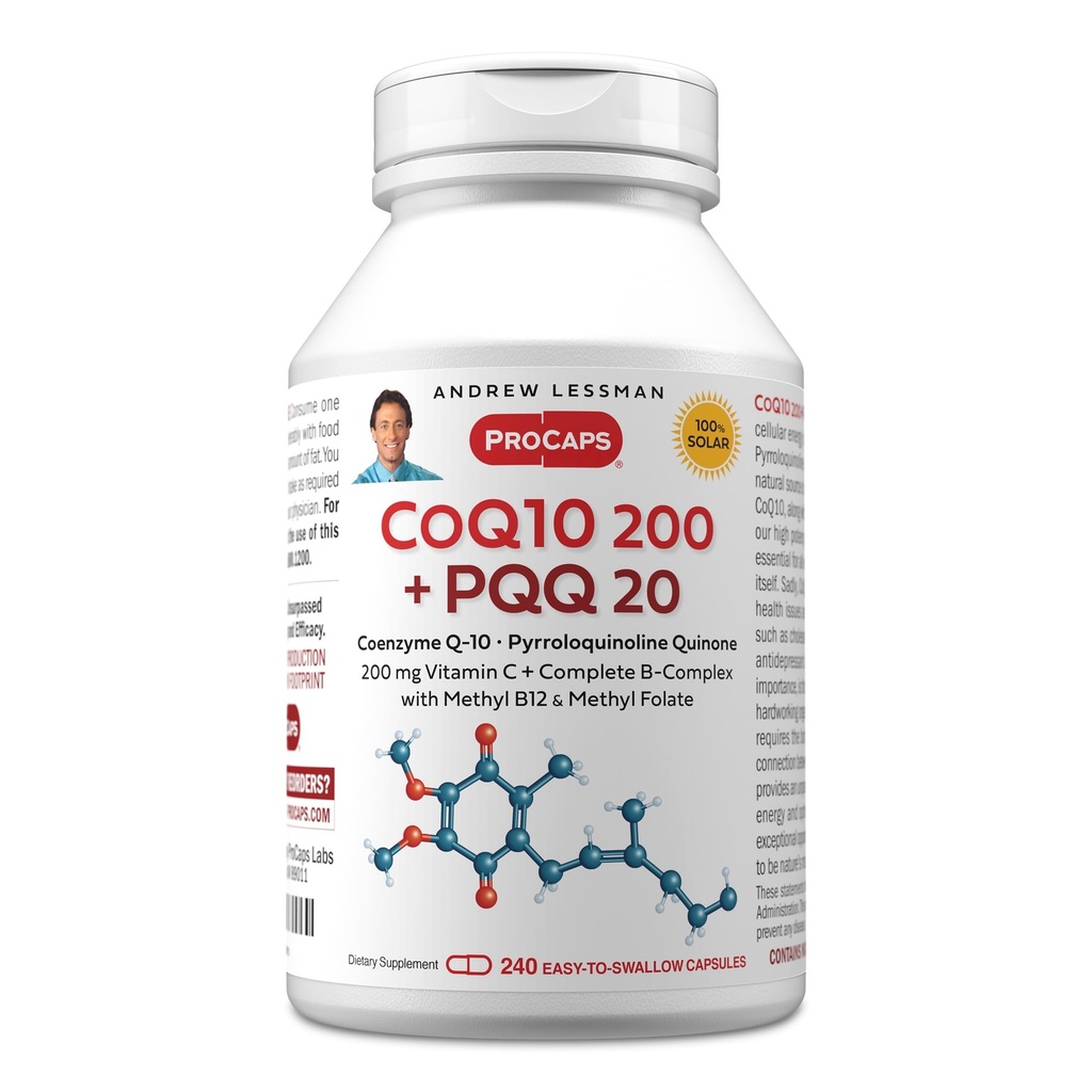 ANDREW LESSMAN Coenzyme Q-10 200 Plus PQ 20mg - 240 Capsules - Maintains CoQ10 Levels, Optimum Cellular Energy, Supports Energy Production, Heart, Brain, Liver, Kidney, Pancreas. No hay aditivos