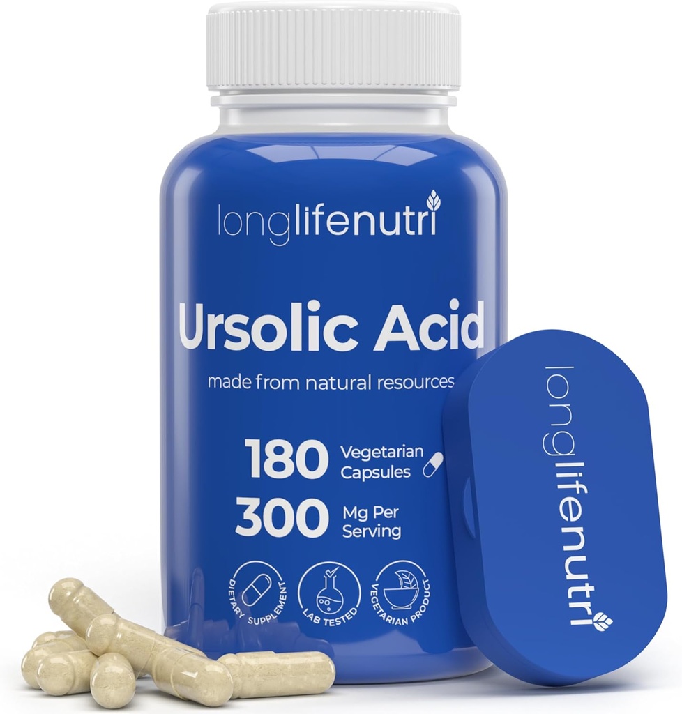 LongLifeNutri Ursolic Acid 300mg - Fuente de Rosemary Leaf Extract, 180 Vegetarian Capsules, Suplemento Orgánico para el Crecimiento del Musculo &amp; Recuperación, 2-Mes de Suministro, Prueba de laboratorio, GMP Certified, Made in USA