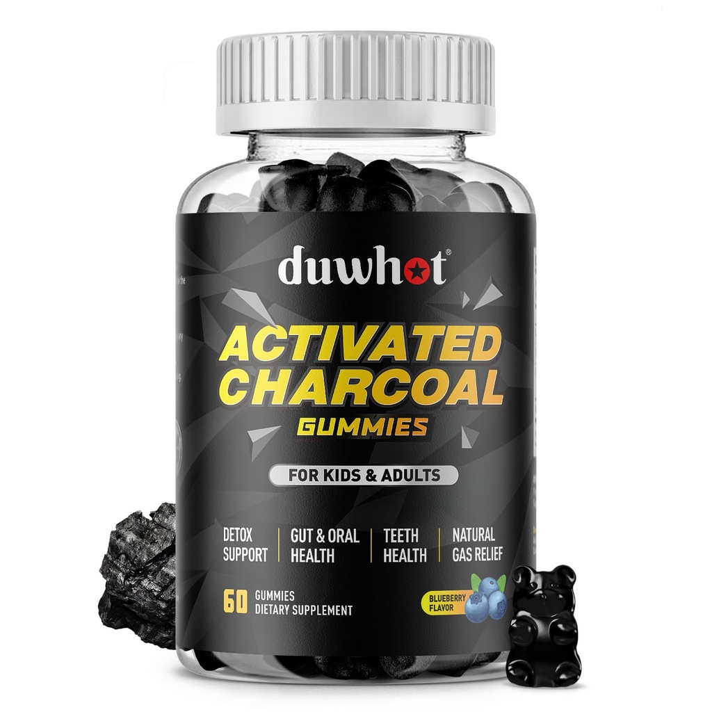 Gafas de carbón activadas para niños, 500 mg suplemento de carbón activado para gas Alivio, Detox, Salud Digestiva y Oral, Flavor de Blueberry Vegan, 60 Conde