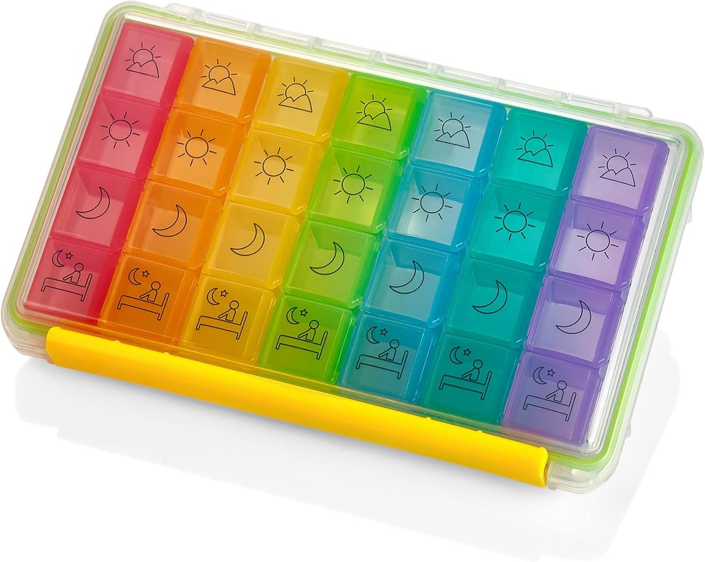 Organizador semanal de píldoras - Portable 4 Times-A-Day - Moisture-Proof AM/PM Caso de píldoras, Colorful 7 Day Medicine Holder Pill Box con etiquetas para recetas, medicamentos, vitaminas y suplementos