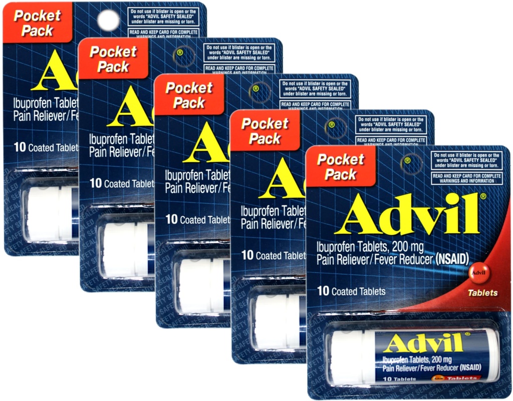 Advil Ibuprofen 200mg (NSAID) Pocket Pack, 10 Tablets Coated (Pack of 5)