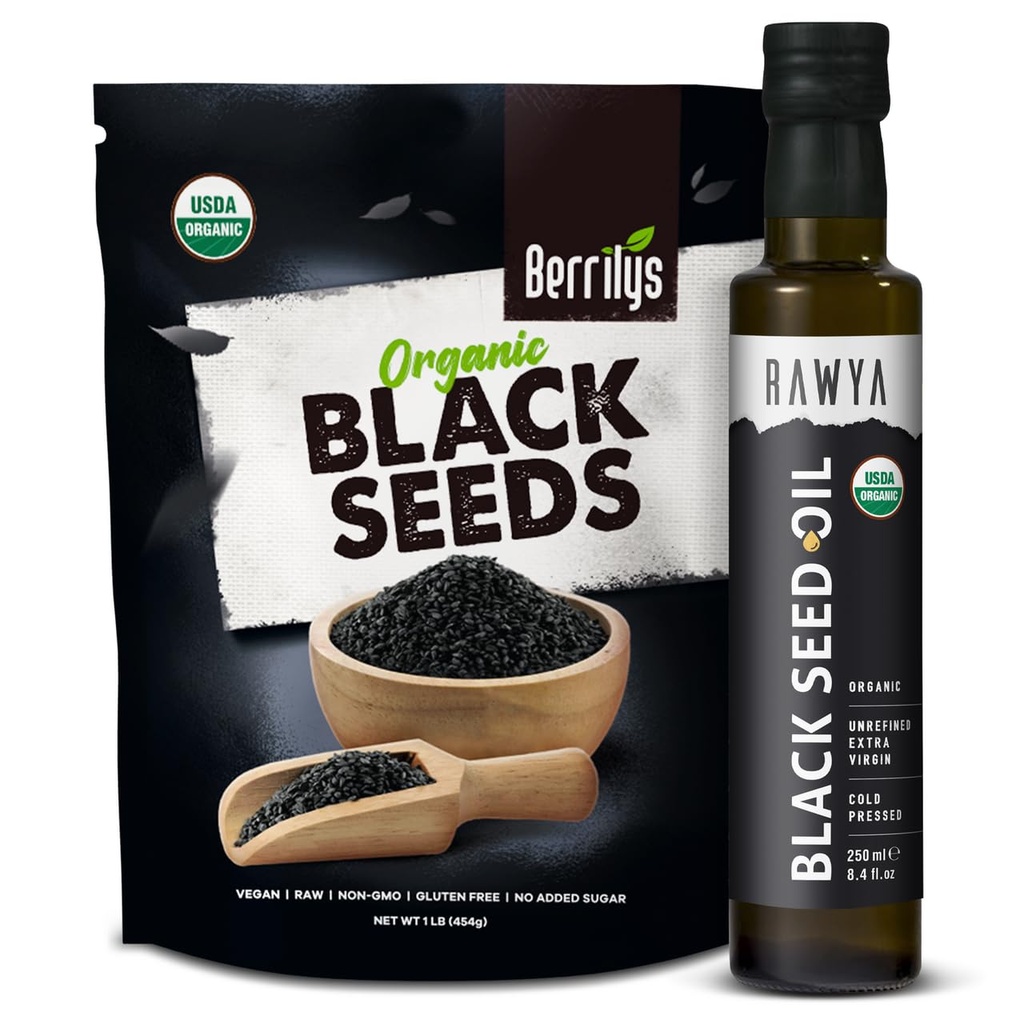 RAWYA Black Seeds + Black Seed Oil - USDA Organic Certified, Cold Pressed, Nigella Sativa, Cumin Seed Oil, Kalonji, Premium Quality, High Thymoquinone, Pure & Natural, 8.4 Oz + 16 Oz Semillas