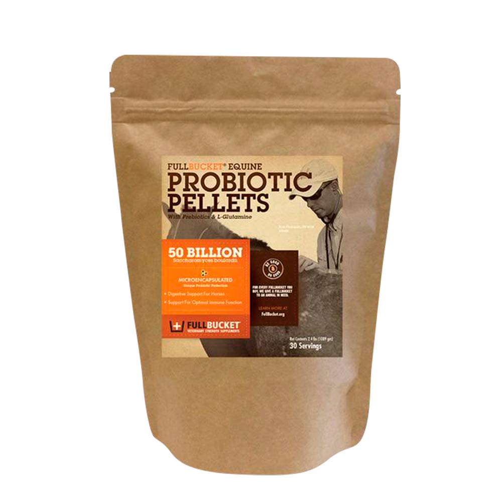 Pellets Probióticos FullBucket Equine con Saccharomyces boulardii para Caballos Bajo Alto Estrés o para Caballos con Problemas Digestivos Continuas; 20x Más Concentrado y 50 Billones CFUs - 30 Servimientos