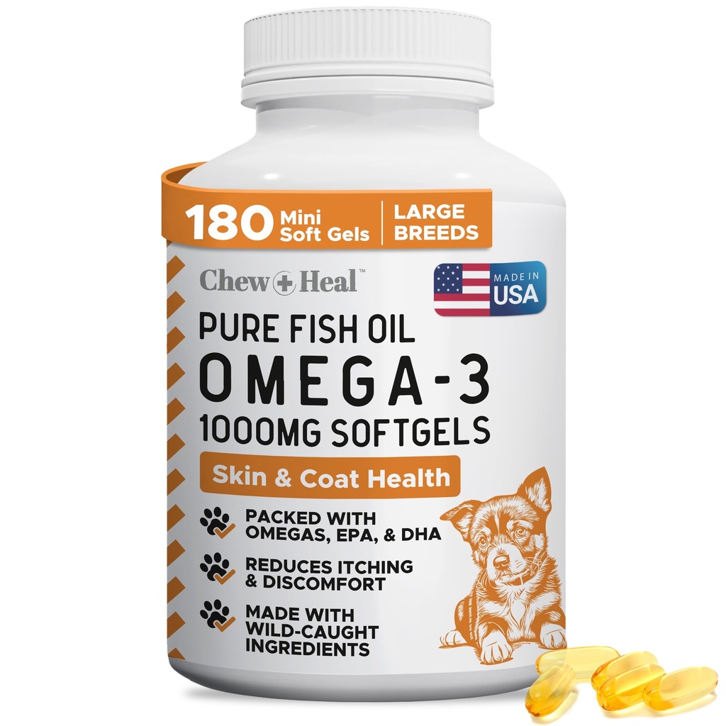 Aceite de pescado silvestre Omega 3 para perros - 180 cápsulas de Softgel para la piel sana y la carne - Grandes 1000 mg Píldoras de aceite de pescado para el acolchado, piel seca y puntos calientes - Pet Omega suplemento de Salmon
