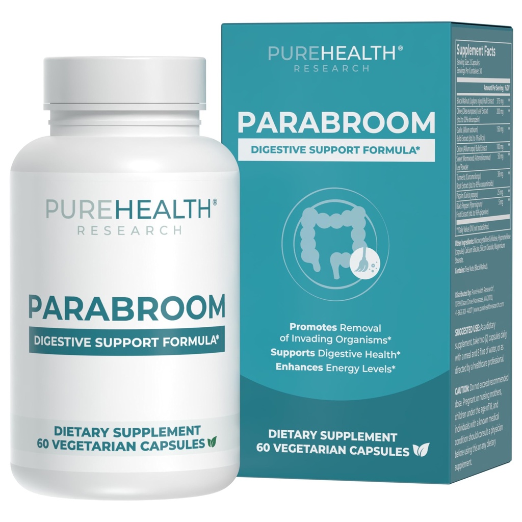 PUREHEALTH RESEARCH Parabroom - Gut Cleanse &amp; Health Supplement - with Black Walnut, Sweet Wormwood Powder, Turmeric Extract, Olive Leaf, Garlic & Onion - Digestive Support for Women &amp; Men 60 Capsules