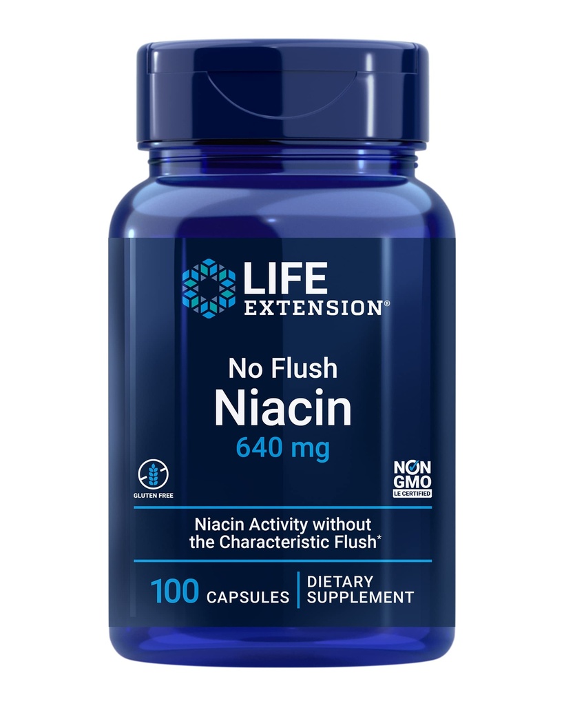 Extensión de vida No Flush Niacin, B3 para la salud del corazón, Cholesterol & Energy Support, Non-GMO, Gluten-Free, 100 cápsulas