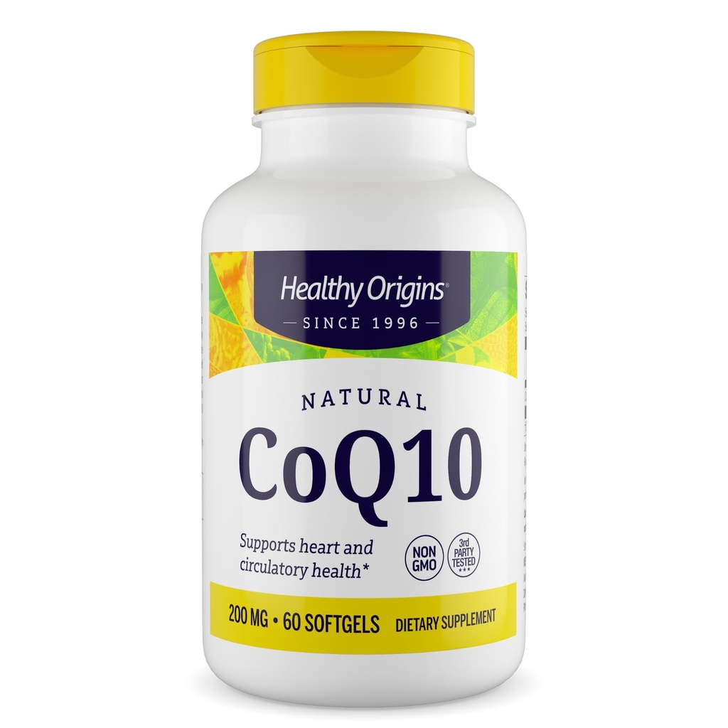 Orígenes saludables® CoQ10 200 mg – Ubiquinona Trans-Isomer Natural – fermentada por levaduras, apoya la salud cardíaca y la energía celular – No GMO 60 Softgels