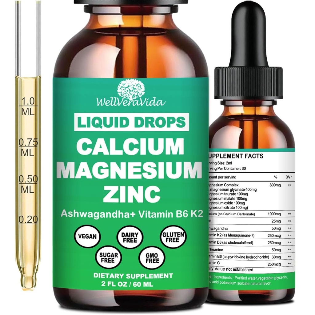 Calcio Magnesio Zinc Liquid Drops with Vitamin D3 K2, High Potency Calcium Magnesium Supplement w/Magnesium Complex, Zinc, Theanine丨Gluten Free for Immune, Bone,Muscle, Mood & Sleep Support