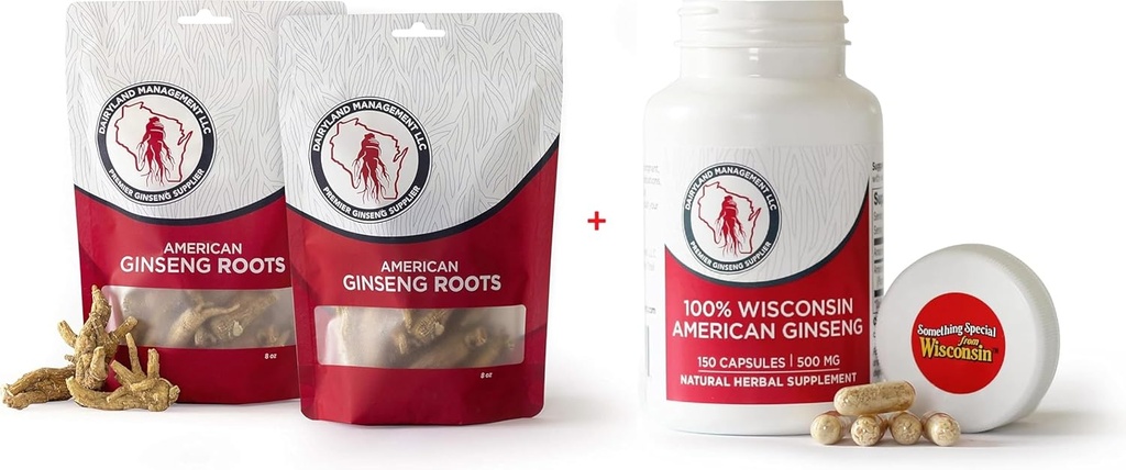Dairyland American Ginseng Roots 16 oz y Capsules 150 ct Pack of Wisconsin Ginseng – Direct from Farmer to Consumer ع洋