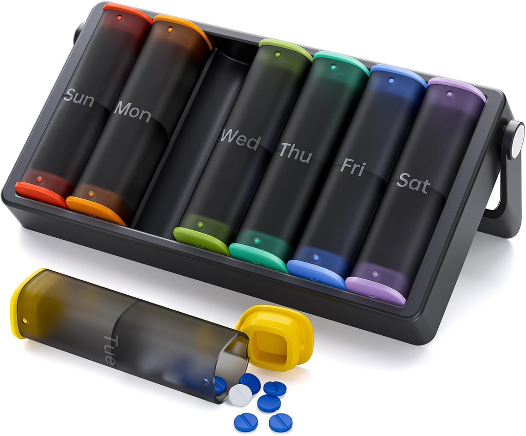 Organizador semanal de píldoras 3 veces al día(Black) y organizador semanal de píldoras Dos veces al día (Translucent-Black)