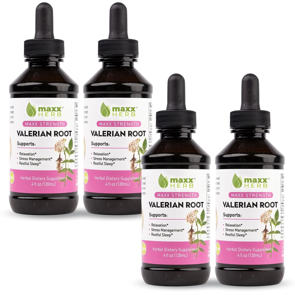 Maxx Herb Valerian Root Extract - Max Strength, Liquid Valerian Root Absorbs Better Than Capsules, for Relaxation and Restful Sleep, Alcohol-Free - 4 Bottles, 4 Oz Cada (240 Servings)