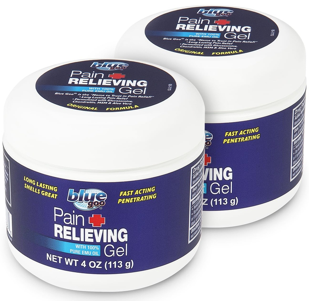 Gel de alivio del dolor de goo azul – para atrás, cuello, musculo y dolor conjunto, refrigeración rápida y calmante Alivio con 100% aceite de emu puro, 4 oz (2 paquete)