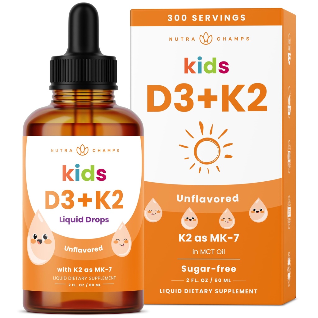 NutraChamps Niños Vitamina D 3 K2 gotas, Vitamina D3 & K2 MK-7, Vitamina Líquida D para niños 1000 UI, Huesos Saludables, Sistema de Inmunes, Suplemento Libre de Azúcar para los niños pequeños, 300 piezas