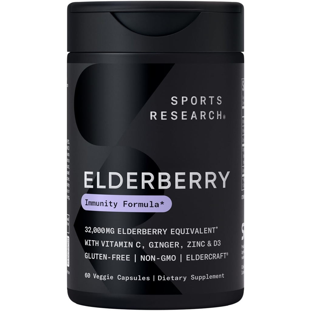 Sports Research Black Elderberry with Zinc, Vitamina C, & Vitamina D, Immune Support Suplemento para adultos, 60 cápsulas