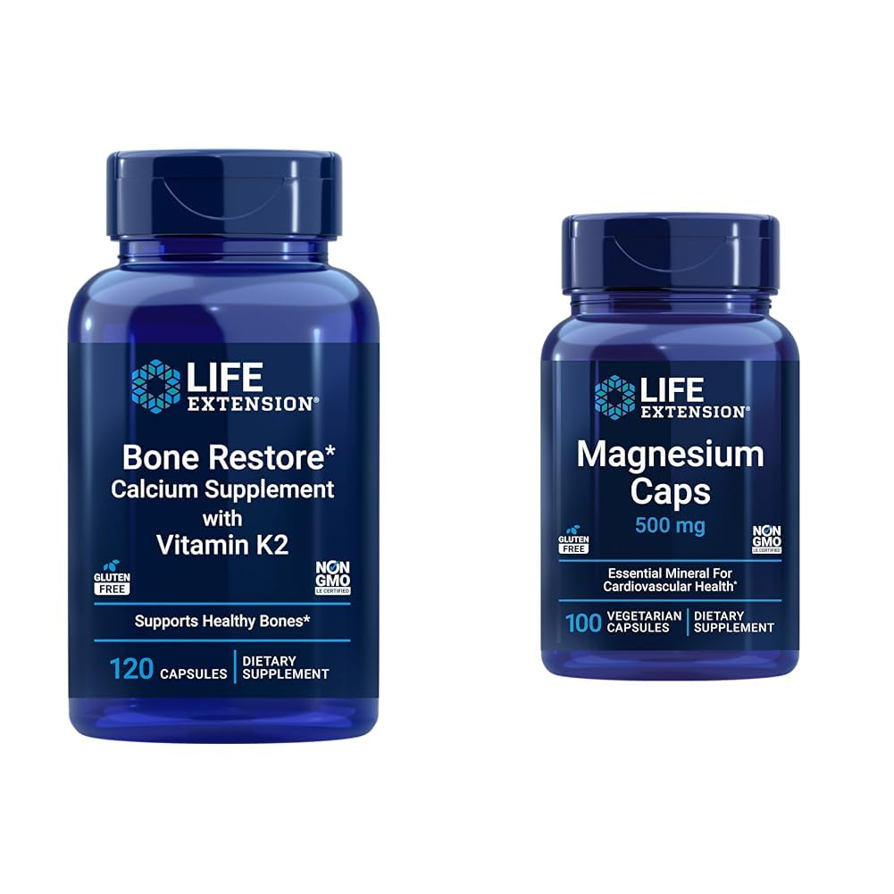 Restauración de huesos de extensión de vida + vitamina K2 Vitaminas " Minerales Mantener la salud de los huesos " fuerza " , 500 mg, óxido de magnesio, citrato, succinado, salud cardíaca, huesos saludables