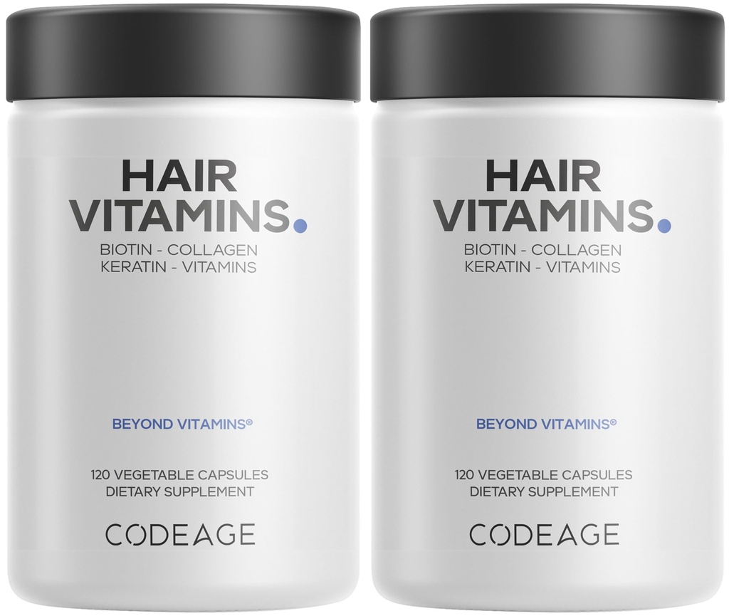 Codeage Hair Vitamins 10000 mcg Biotin, Keratin, Collagen, Vitamina A, B12, C, D3, E, Zinc, Turmérica, Probióticos, Enzymes, Inositol - Cuidado del cabello Soporte - Saludable Hair Supplement Pills - 2 Pack