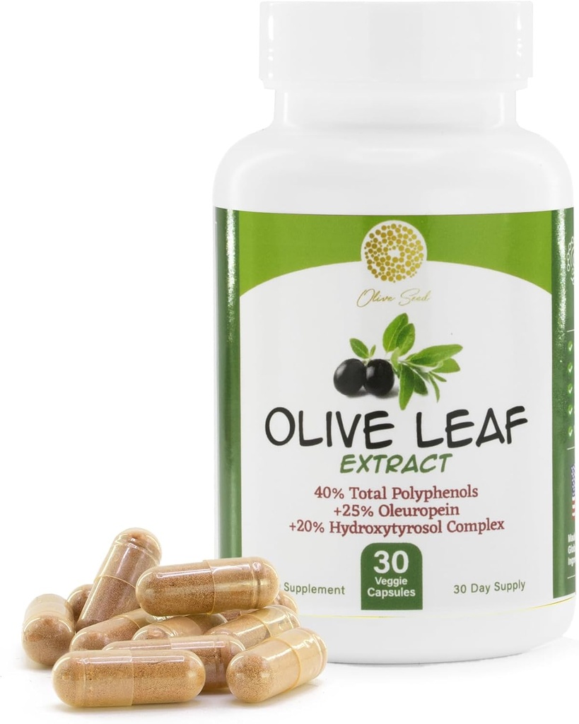 Extracto de la hoja de oliva - 500mg - Suplemento Estándarizado al 25% Oleuropeina - 20% Hydroxytyrosol - 40% Polyphenols - Non-GMO + Gluten Gratis + Lácteo Libre + Soy Libre + Vegan (30 cápsulas)