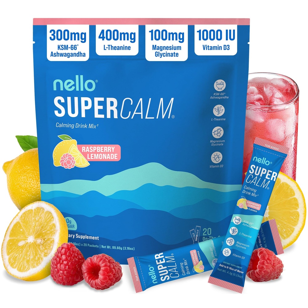 Nello Supercalm Powdered Drink Mix, Raspberry Lemonade, L Theanine, Ksm-66 Ashwagandha, Magnesium Glycinate, Vitamina D 3, Suplementos para la relajación & Focus, No Sugar, Non GMO, On The Go, 20 Ct