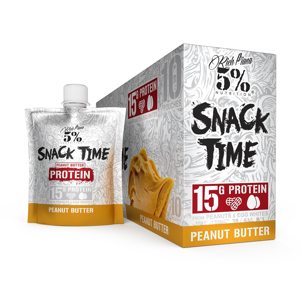 Rich Piana 5% Nutrición Snack Time ← Squeezable Protein Shots ¦ High Protein Snack Pouches ← Egg White Peanut Butter Protein Snack ← 10-Count (Peanut Butter)