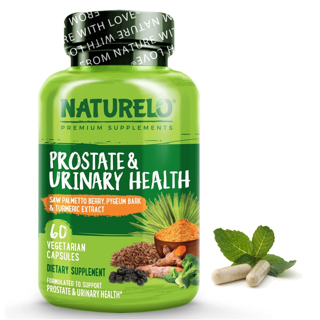 NATURELO Prostate " Urinary Health, Full Formula with Saw Palmetto, Pygeum, Tumeric, Plant Sterols, Broccoli and Lycopene, 60 Vegetarian Capsules
