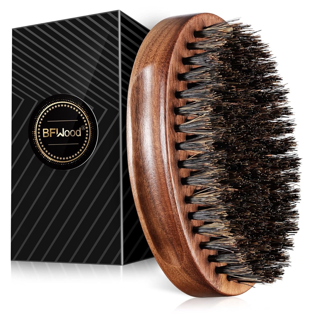 BFWood Boar Bristle Beard Brush - Black Wood Walnut Estilo Militar, Men's Wooden Mustache Brush