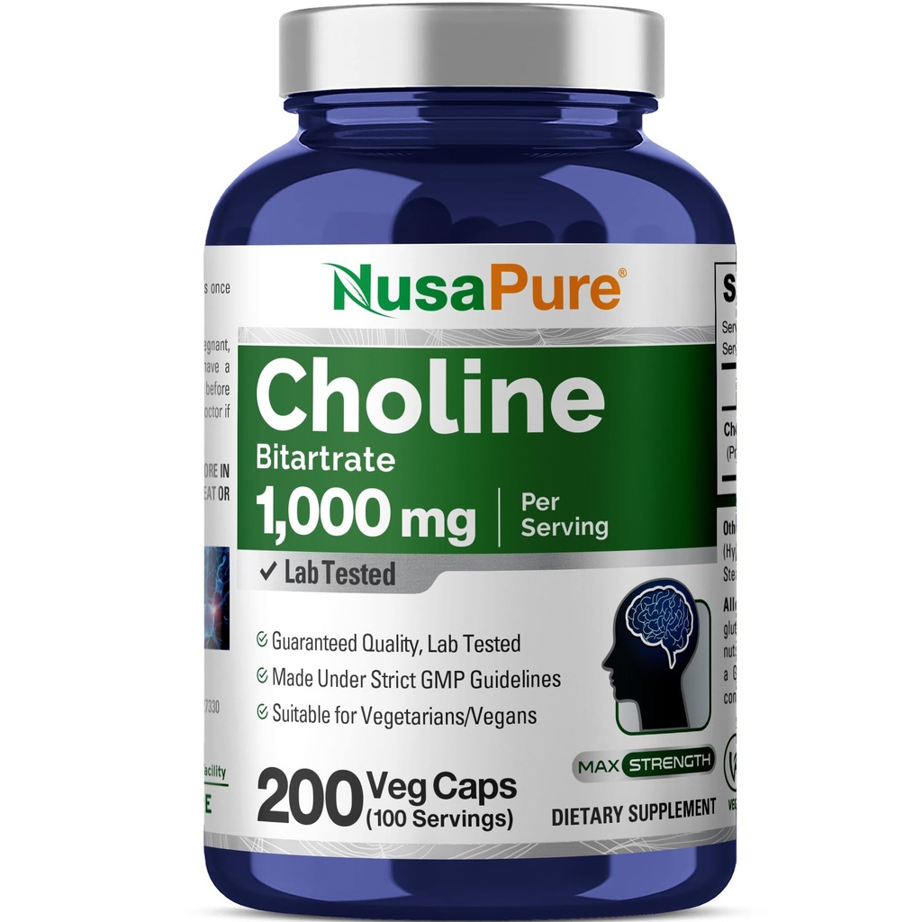 NusaPure Choline Bitartrate 1000 mg 200 Veggie Capsules (Vegan Vegetariano, No GMO)