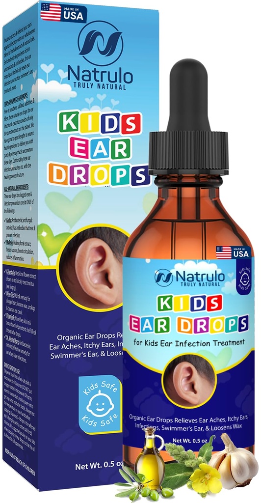 Natrulo Natural Ear Drops for Kids Ear Infection Treatment – Organic Children Ear Oil Drops Relieves Ear Aches, Itchy Ears, Infecciones, Swimmer's Ear, & Loosens Wax – Kids Safe, Made in USA