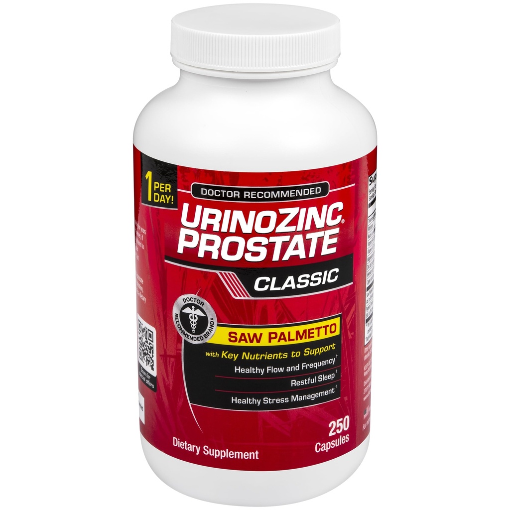 Urinozinc Classic Prostate Supplement for Men, 1 cápsula por día, Saw Palmetto & B Vitaminas (Más de 8 meses de suministro, 250 cuenta)