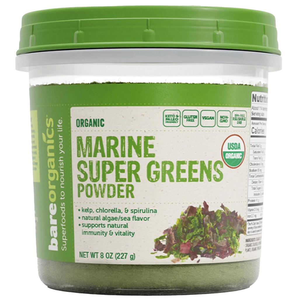 BareOrganics Marine Super Greens Powder – USDA Organic, Vegan, Gluten-Free, BPA-Free, Superfood Powder with Organic Kelp, Spirulina & Chlorella - 8 oz