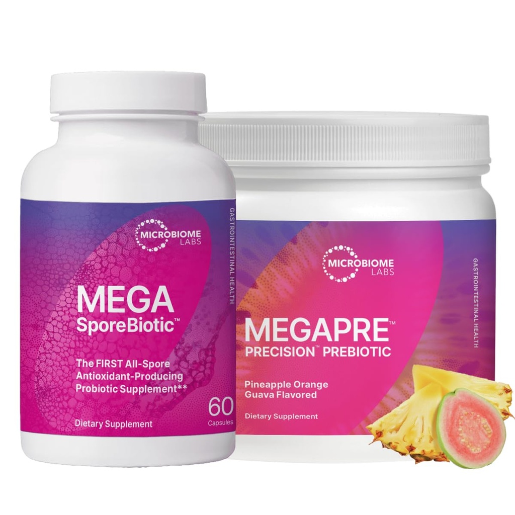 Microbioma laboratorios MegaSporeBiotic (60 cápsulas) + MegaPre (5,5 oz de polvo) Probiótico Prebiótico Bundle - Probiótico de base con polvo de fibra prebiótica