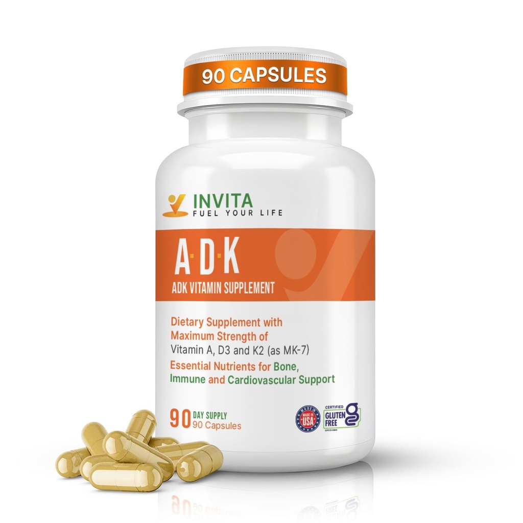 INVITA ADK - Vitaminas A1, Vitamina D3 5000 UI & K2 MK7 Suplemento - Physician Formulated Bone &amp; Immune System Support - Gluten Free, Non-GMO - 90 cápsulas vegetarianas para hombres y mujeres