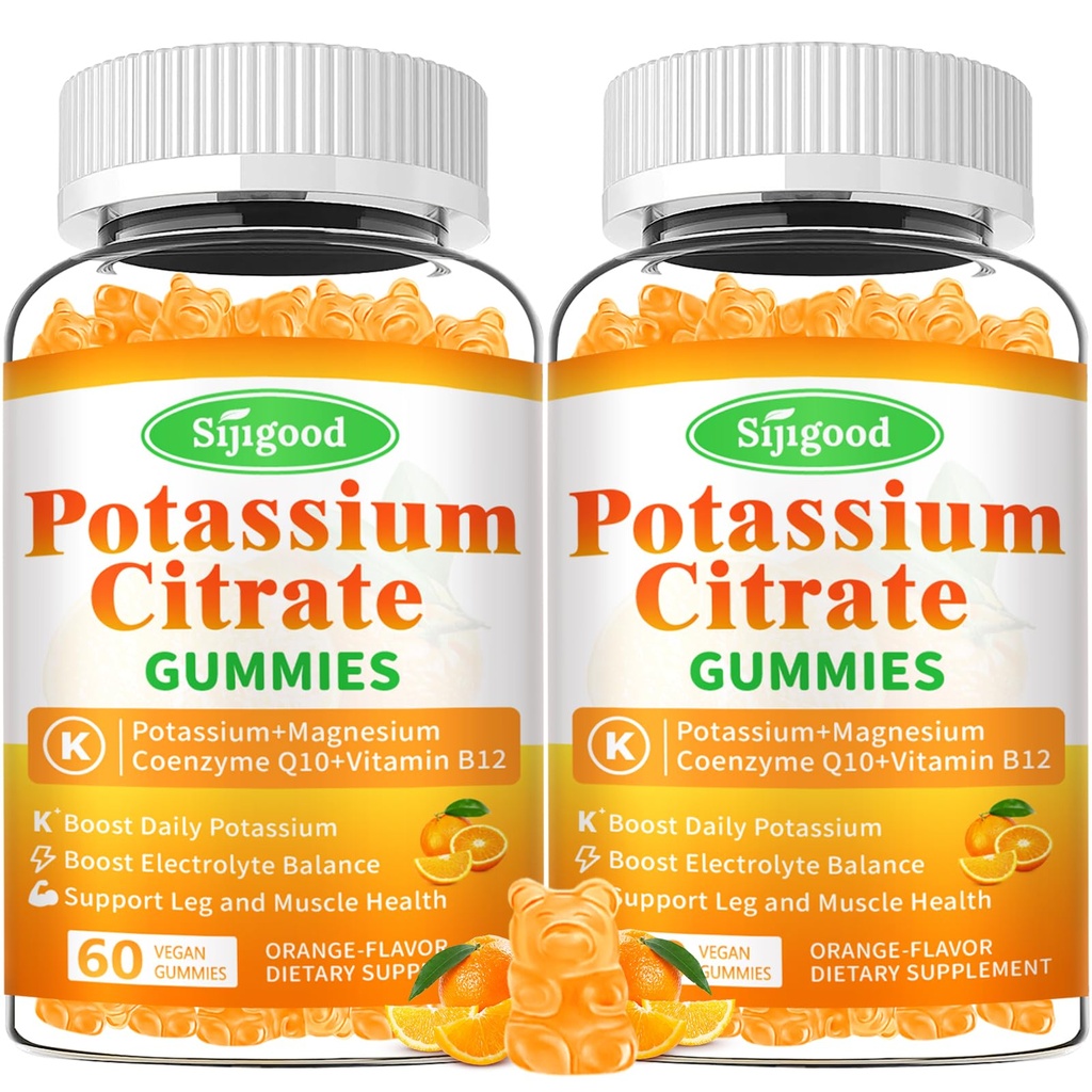 2 Pack Potasio Gummies de Citrato – Suplemento de Potasio de Alta Potencia para la Salud Musculo, Relieve de la Lega, Equilibrio Electrolito – Vegan, No GMO, Libre de gluten, Sabor Naranja, 120 Conde