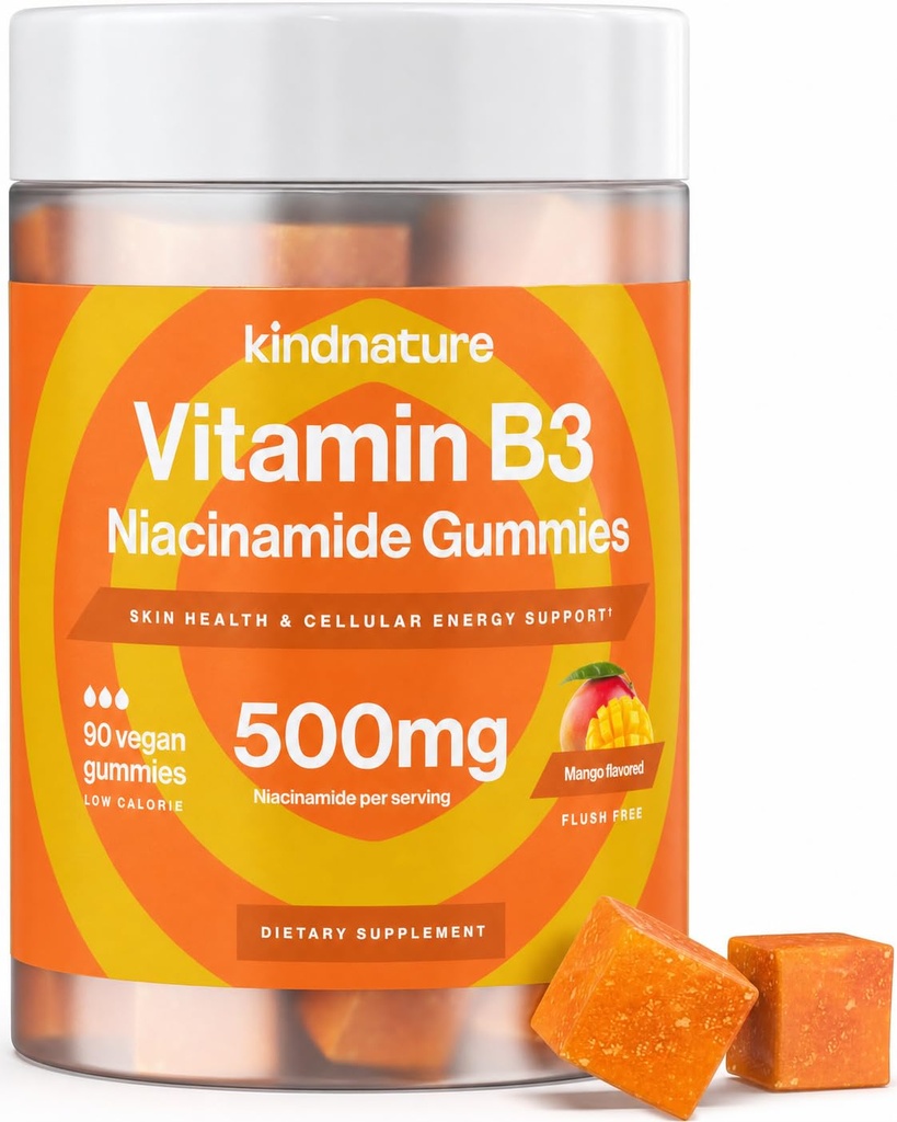 amnature Vitamina B3 Niacin Gummies - Flush Free Niacinamide 500mg Supplement - Vegan, Non-GMO, Low-Calorie, Gluten-Free, Soy-Fee, 3rd Party Lab Tested - 1 Month Supply, 90 Chewable Gummies