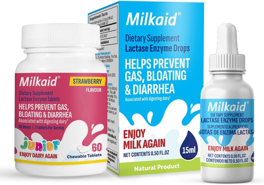 Milkaid Junior Lactase Enzyme Chewable Tablets for Lactose Intolerance ¦ Prevents Gas, Bloating, Diarrhea in Children Tortura Fast Acting Dairy Digestive Supplement for Kids underwberry Flavor ← 60 ct (2)