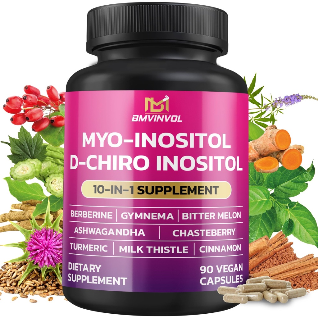BMVINVOL Inositol Suplemento - Myo-Inositol y D-Chiro Inositol Ideal 40:1 Ratio - Plus Berberine, Cinnamon, Ashwagandha + 5 Más - 90 cápsulas