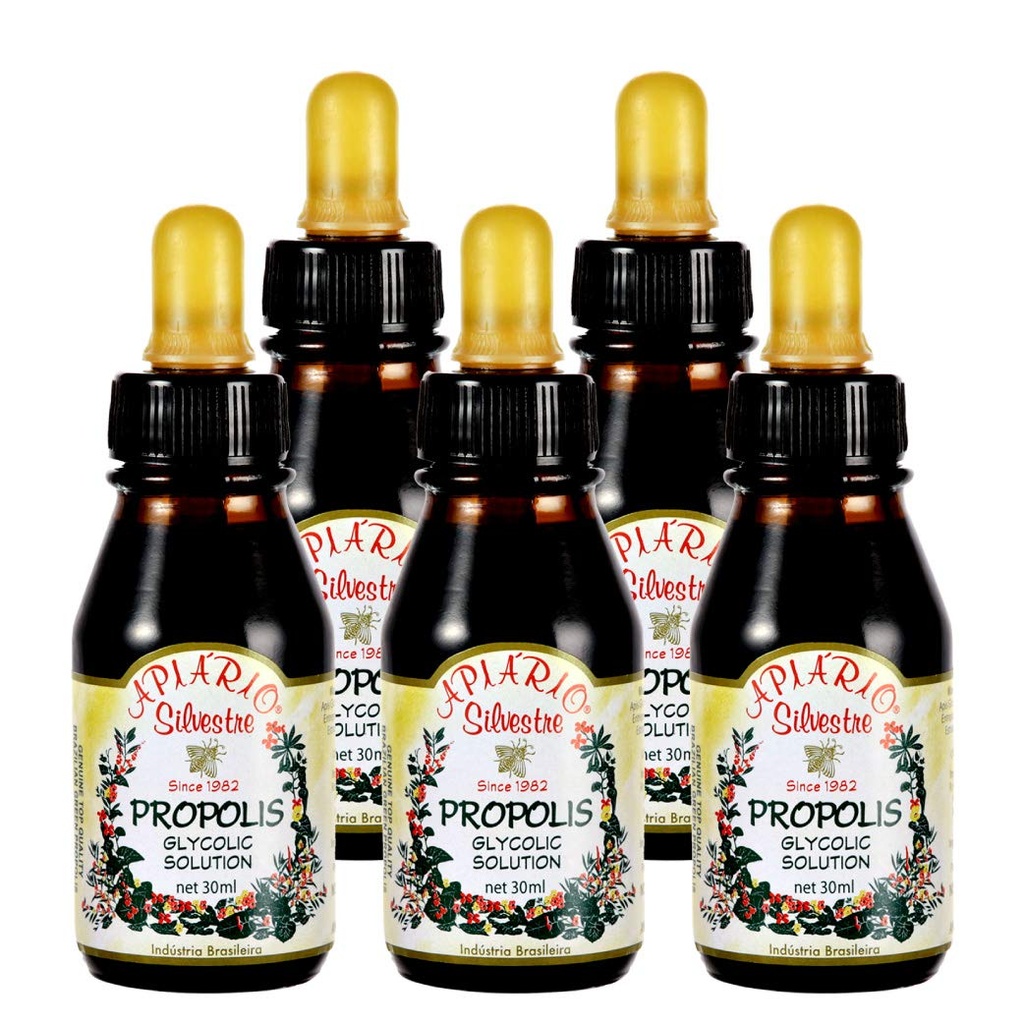 Distribuidor oficial - 5 botellas de Apiario Silvestre Brasileño Green Bee Propolis Liquid Glic Extract-Non Alcoholic, Wax Free, Sugar Free (PG)