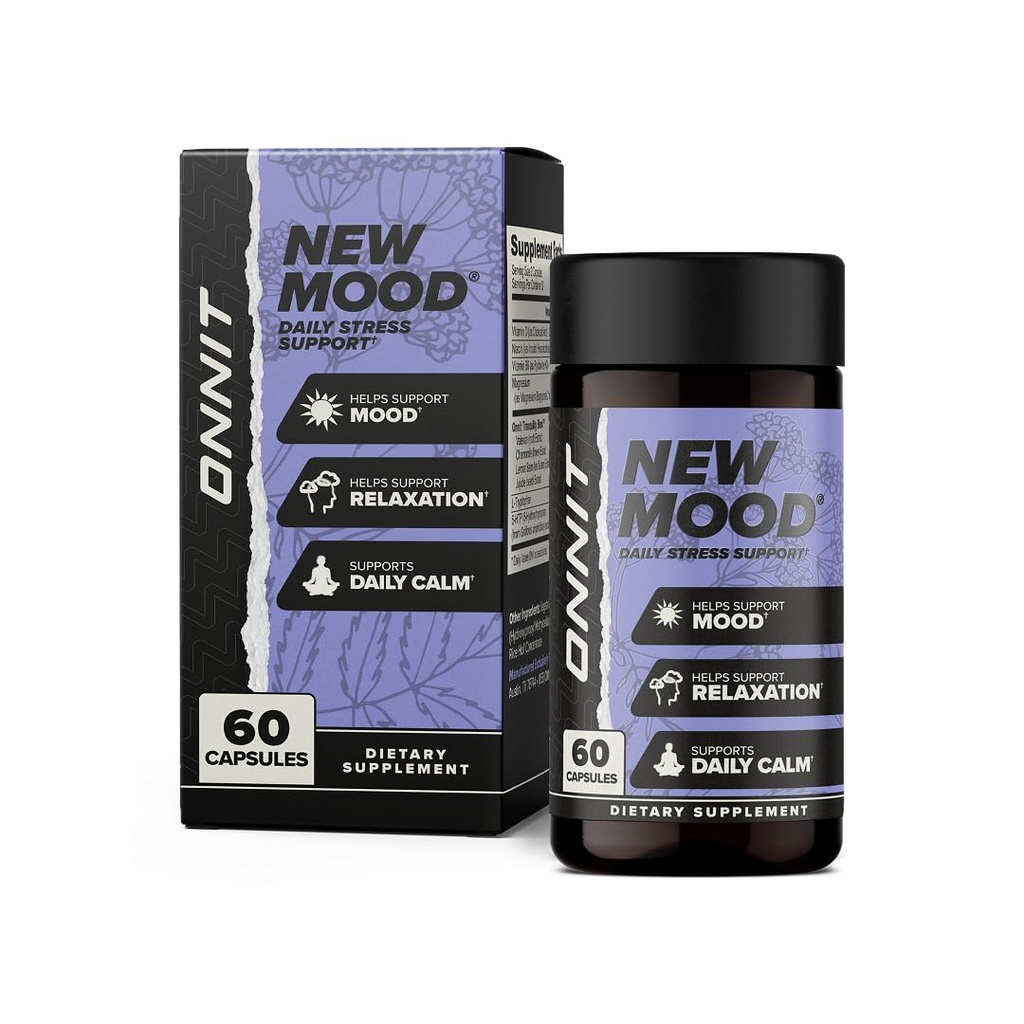 ONNIT New Mood Daily Stress Support Capsules, IGENTM Non-GMO Tested, Sleep and Mood Support Supplement for Hombre and Women, Daily Stress Management Capsules, 60 Count