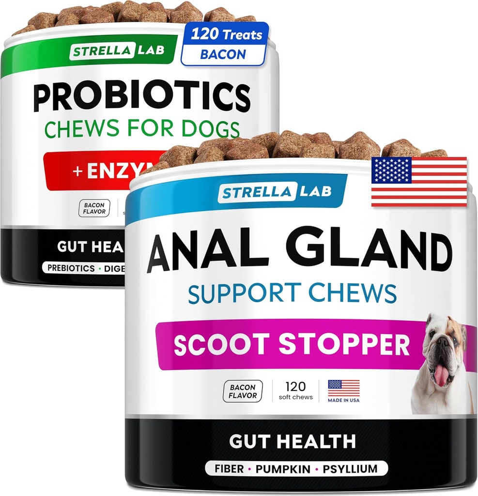 Probióticos + Anal Gland Support Dogs Bundle - Enzimas digestivas " Prebióticos - Alergia, Diarrea, Estreñimiento " Tratamiento escocés - Suplemento de fibra para la digestión, Gut Health " Immunity - Made in USA