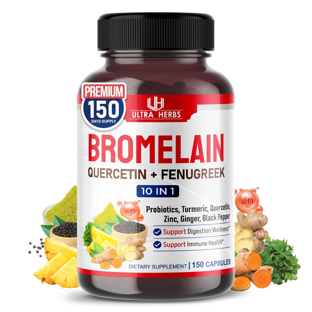 Suplemento Bromelain con Quercetin, Zinc, Fenugreek, Turmeric, Ginger, Black Pepper &amp; Probiotics - Apoya la Digestión, Salud Conjunta &amp; Absorción Nutriente Ø 150 cápsulas