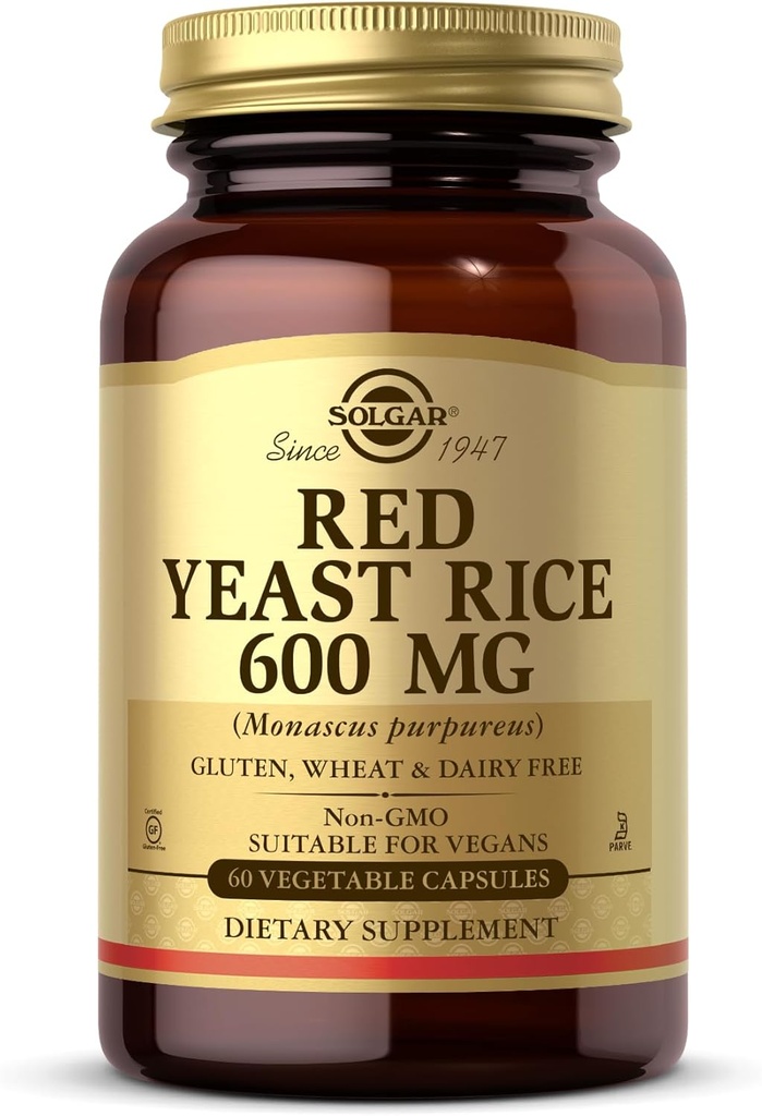 Levadura roja de Solgar 600 mg - 60 cápsulas vegetales - No GMO, Vegan, Gluten Gratis, Dairy Free, Kosher - 30 piezas