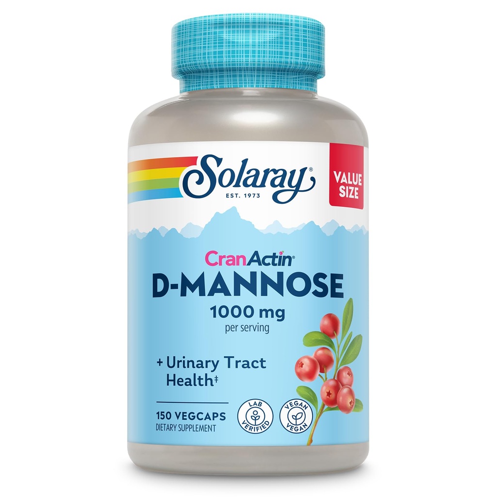 Solaray D-Mannose 1000mg con CranActin Suplemento de arándano 400mg, Urinary Tract Health &amp; Bladder Support Capsules con vitamina C, Vegan, 60 días de garantía, 75 Serviciones, 150 VegCaps