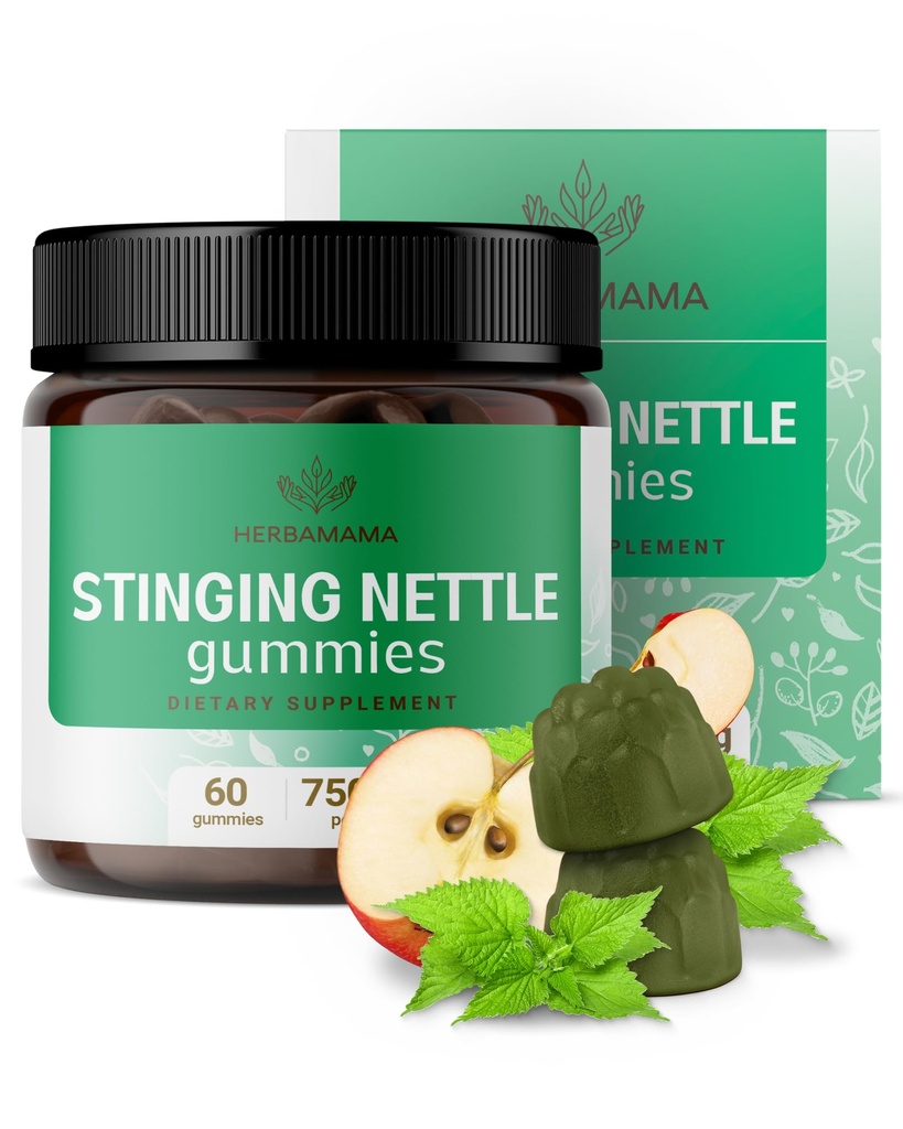 HERBAMAMA Stinginging Nettle Gummies - 7500mg Stinging Nettle Root Extract for Urinary Tract Support for Women &amp; Hombre - Vegan, Non-GMO Urtica Dioica Suplemento - 60 Pectin-Based Apple-Flavored Chews